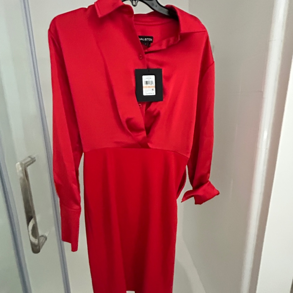 Brand New Halston Satin Shirt Dress – Red, Size 2, NWT